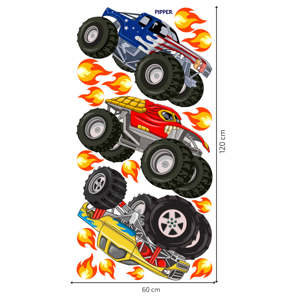 Monster Trucks – rozloženie 3 áut a 14 plameňov na hárku 60 × 120 cm
