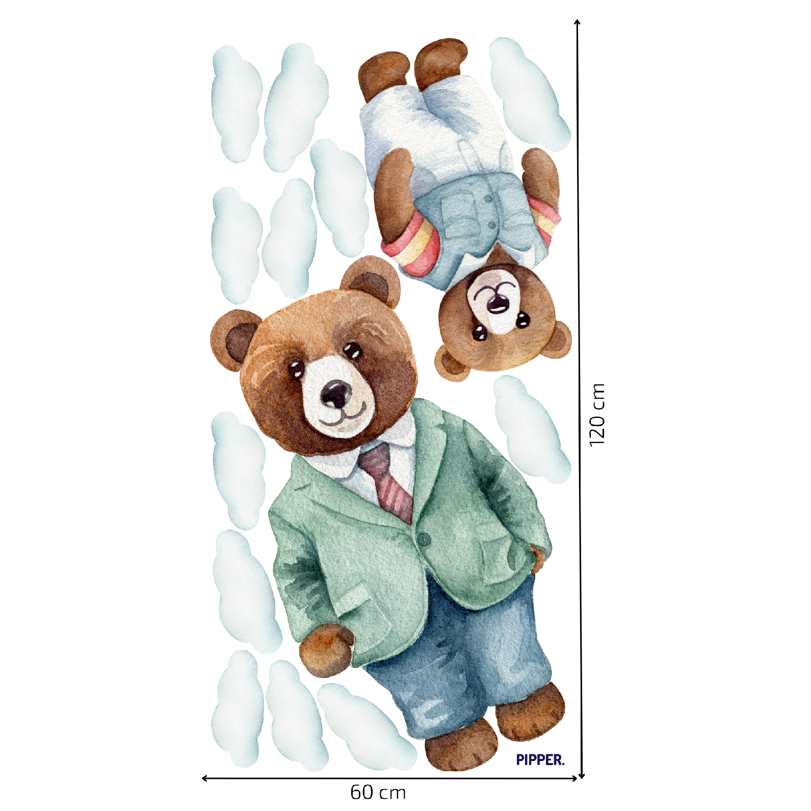 Textilná nálepka Medvede – 2 medvede a 12 obláčikov na hárku 60 × 120 cm